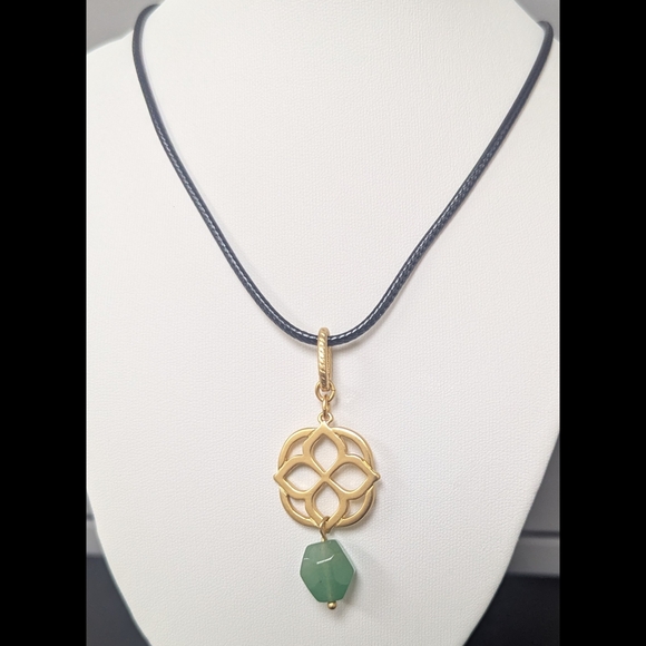 Aventurine Clover Pendant Necklace • Black Vegan Leather Cord Statement Necklace - Picture 2 of 6